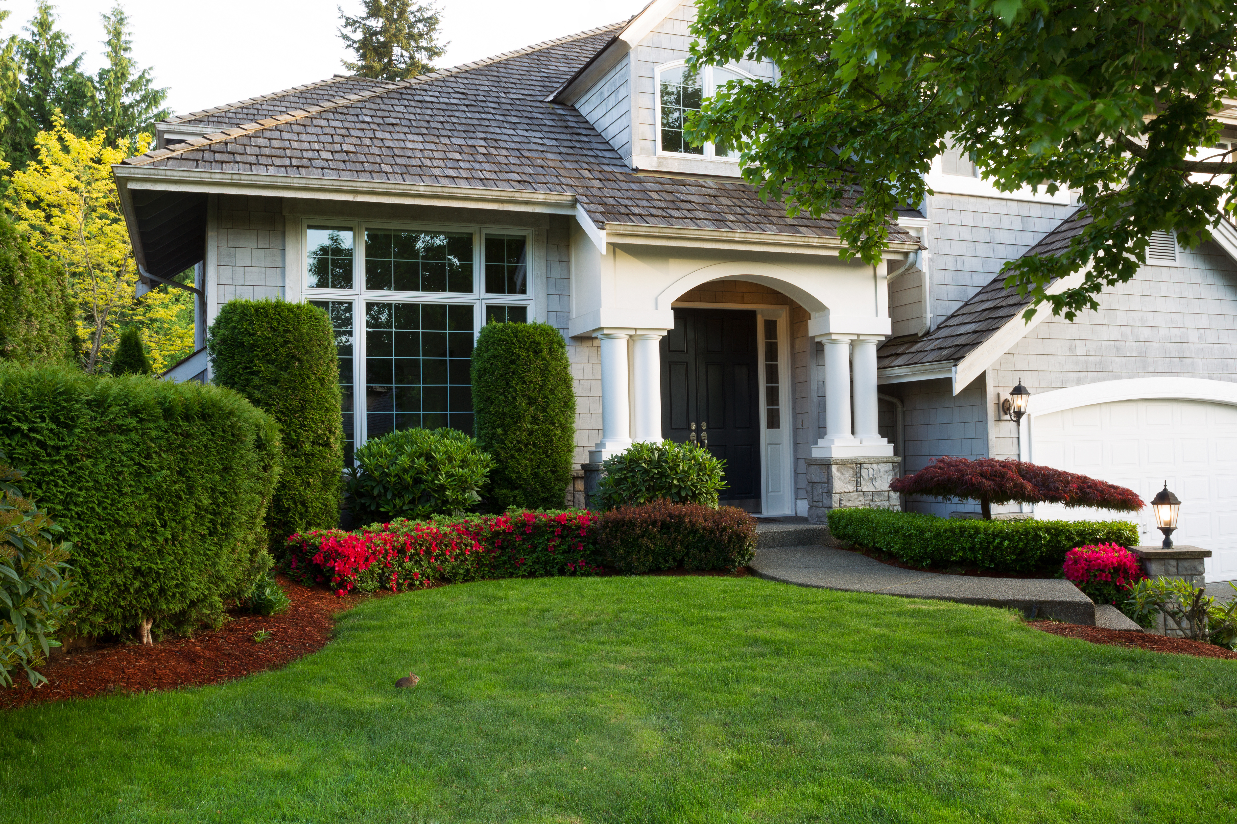 Beautiful home exterior during late spring season with clean landscape